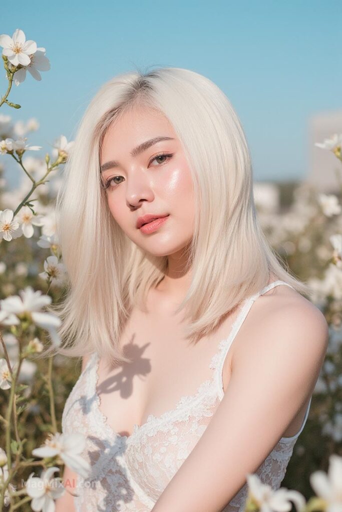 posing gracefully amidst the flowers under a clear blue sky