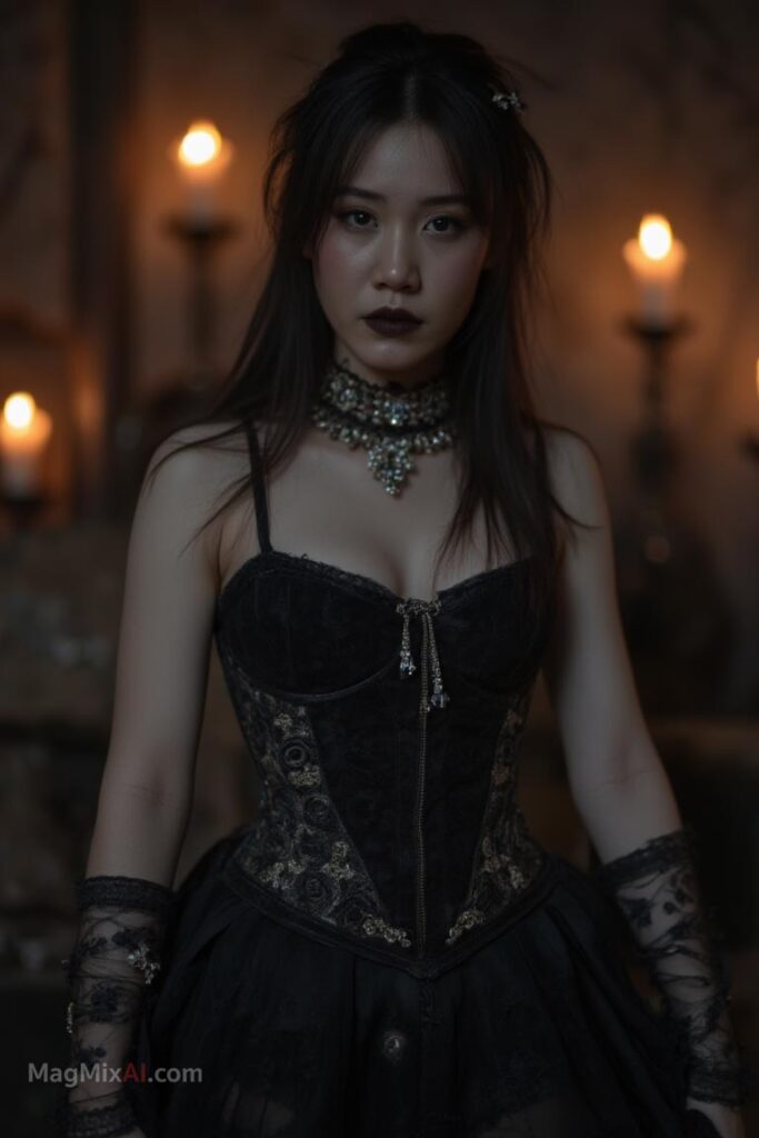 A gothic Thai woman, wearing a black corset and intricate jewelry