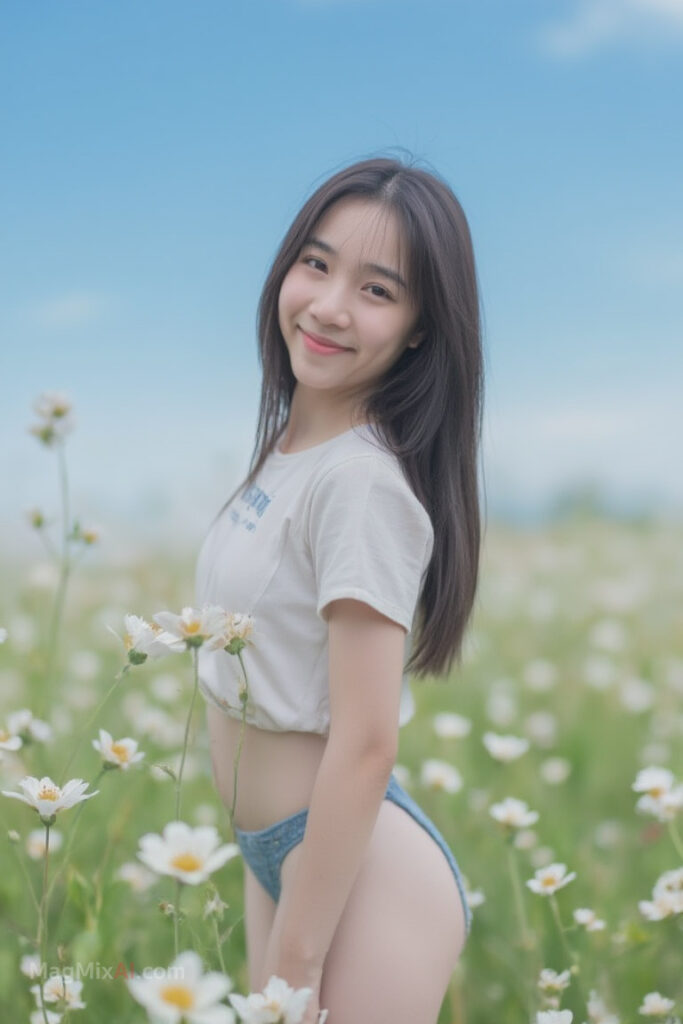 pose, in a field of flowers, The field is filled with white flowers