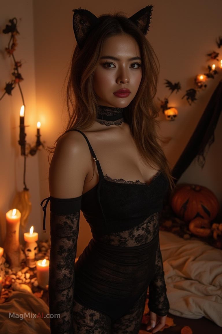 Surrounded by Halloween decor