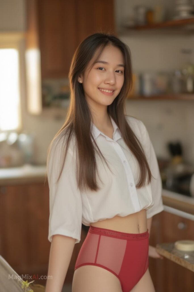 standing pose in kitchen, sun light